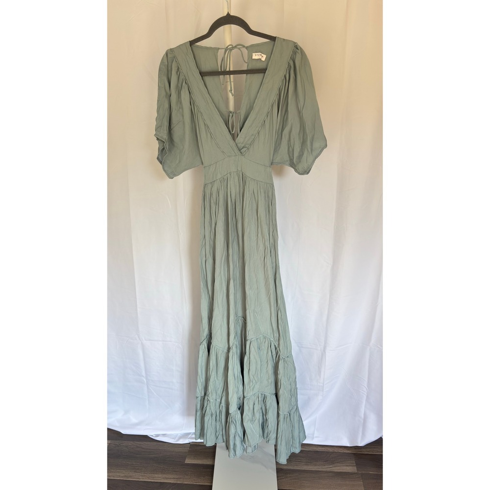 STORIA Sage Green Flutter Sleeve Maxi Dress Tie Waist‎ Tiered Ruffle Size S - Picture 2 of 8